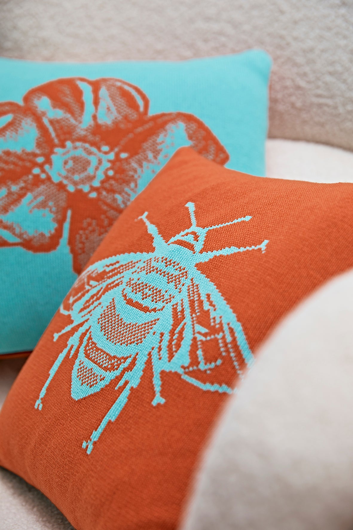 Zero Waste Knitted Bee Cushion in Orange and Mint